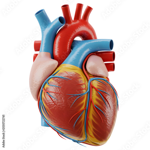 Anatomical 3d render of the human heart with major blood vessels