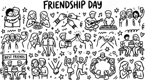 Konstfotografi Friendship Day Doodle Line Art Vector Illustration Set with Friends Celebrating,