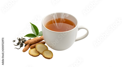 Steaming cup of tea with turmeric slices and leaves on transparent background