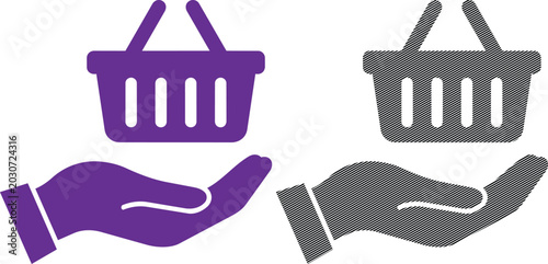 Vector shopping basket and hand icons with hand icon e commerce set