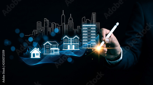 Real estate investment concept with digital house icons. Businessman planning property development and urban housing growth. Smart city architecture technology.