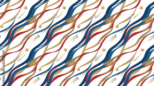 Waves of blue and gold ribbons create a seamless pattern with small stars on a clean white background.