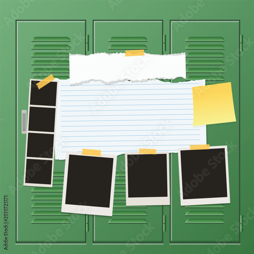 A flat lay graphic design of a green school locker decorated with a blank lined paper note, a torn white paper strip, a yellow sticky note, and several empty Polaroid-style photo frames 