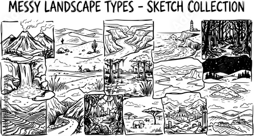 Photography Messy Line Art Sketch Collection of Diverse Landscape Types - Nature and Environ