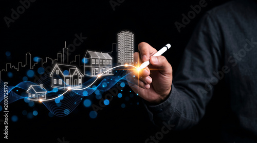 Real estate investment growth concept, businessman drawing glowing property market trend line, digital house and building icons on black background