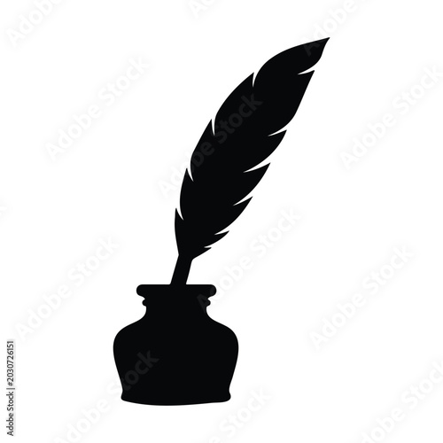 Tablou pe pânză Classic feather quill pen and inkwell silhouette icon vector flat design