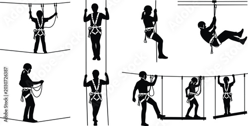 Foto Adventure park ropes course silhouettes vector set collection featuring people z