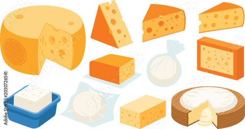 Tableau sur toile Gourmet cheese varieties vector set collection featuring emmental gouda cheddar