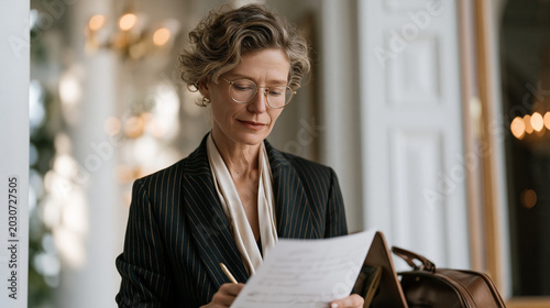 Senior civil servant annotating printed AI governance white paper with margin notes, ministerial corridor outside conference room, formal attire, briefcase open beside her, candid moment of policy p