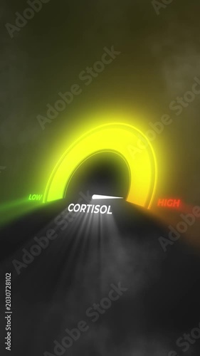 Glowing cortisol level gauge spikes to high then falls to low. Dark background, vertical format.