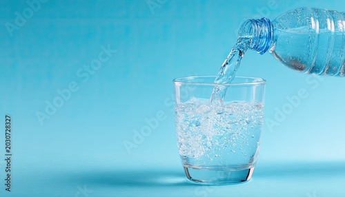 Clear liquid pours from bottle into a clear glass on blue backdrop