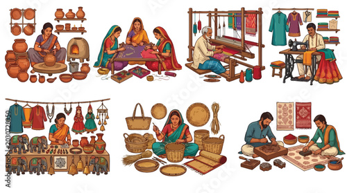 Skilled Indian artisans demonstrating traditional craftsmanship through various creative techniques in this detailed colorful illustrative photo