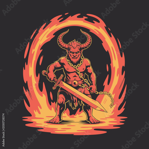 Tableau sur toile Devil creature with sword standing strong.