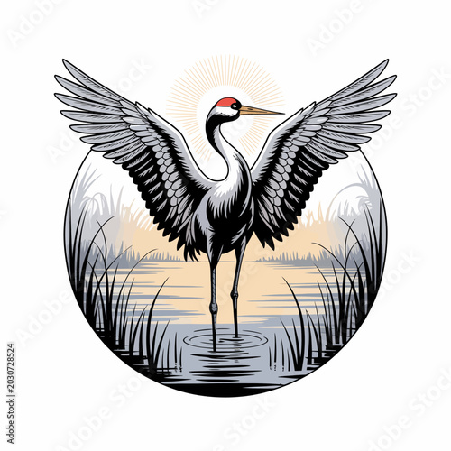 Large Bird with Spread Wings Standing.