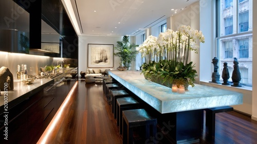 Modern luxury penthouse interior features a long, illuminated dining island and sleek kitchen area