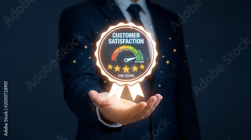 Customer satisfaction guarantee badge held by businessman, five stars rating icon and quality service meter, professional business excellence concept