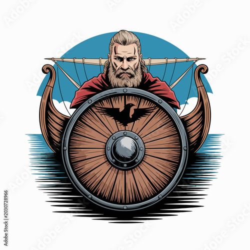 Quadro su tela Viking warrior with shield and boat.