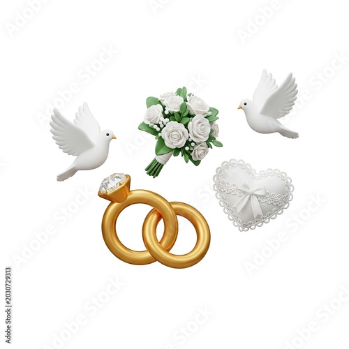 Wedding Rings Doves Bouquet and Heart Pillow on White Background.