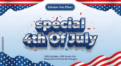 Special 4th of july 3d metallic text effect with confetti and american flag background for holiday celebration