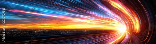 Dynamic light trails over a vibrant sunset.