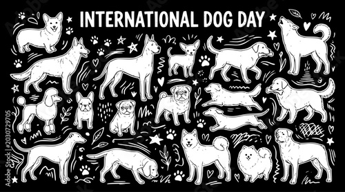 Canvastavla Hand-Drawn Black  White Line Art Illustration of Diverse Dog Breeds for Internat