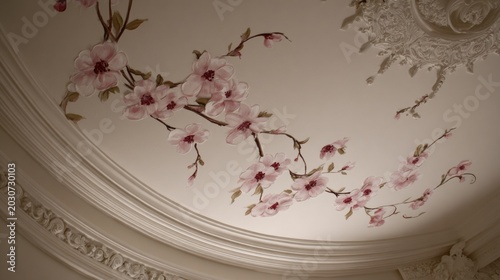 Delicate pink blossoms are hand-painted onto a curved, ornate architectural ceiling.