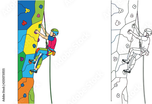 Indoor Rock Climbing Vector Illustration Set with Colored and Line Art Version for Kids Education, Sports Hobby Coloring Page, Bouldering Wall Activity and Adventure Concept