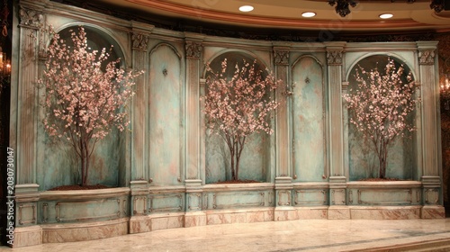 Ornate architectural wall features sculpted niches displaying blooming artificial trees.