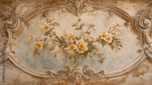 Ornate architectural detail features a hand painted floral motif framed by sculpted plasterwork.