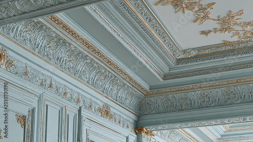 Ornate interior architectural moldings display elaborate detailing in pastel blue and gold tones