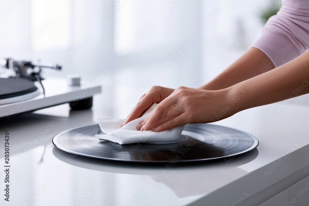 Fototapeta premium Woman cleaning a vinyl record with a cloth while standing beside a turntable on a white table, with natural light streaming through a window in a modern interior setting