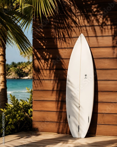 A pristine white surfboard leans against a rustic wooden wall, bathed in the dappled sunlight filtering through palm fronds, with a serene tropical beach and turquoise ocean visible in the background.