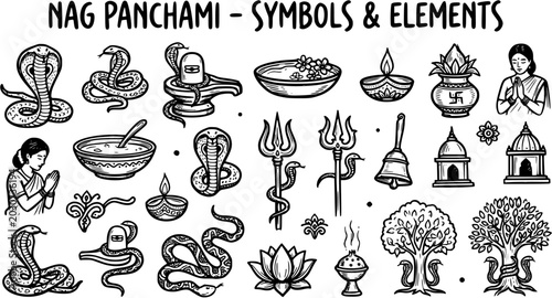 Tableau sur toile Nag Panchami Hindu Festival Symbols  Elements Black and White Line Art Doodle Il