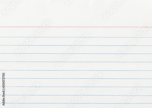 Foto Blank index card with blue horizontal lines and a red top margin.