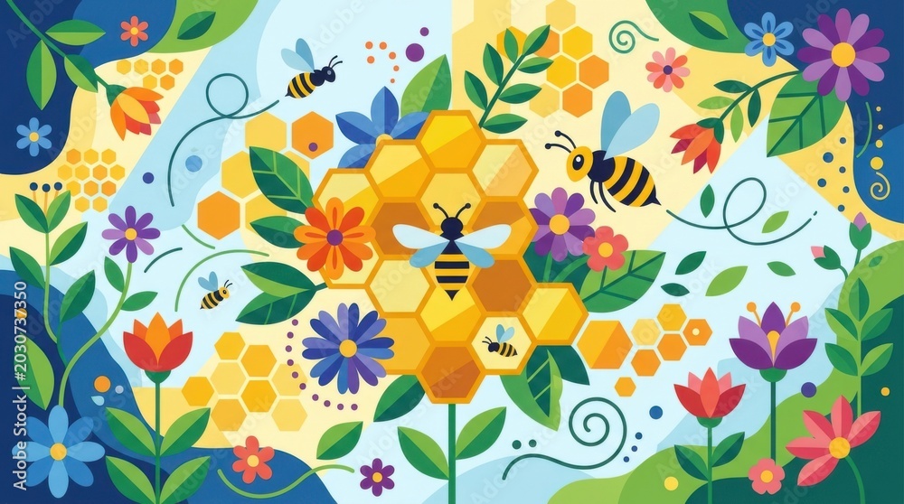 Fototapeta premium Vibrant Floral Scene with Honey Bees and Colorful Flowers
