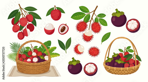 Fresh Rambutan Fruits in Baskets.