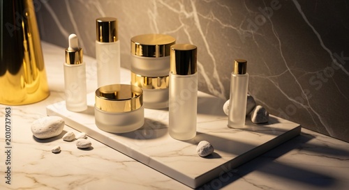 Premium cosmetic products mockup with dramatic lighting creating elegant atmosphere for luxury beauty branding and skincare promotion.