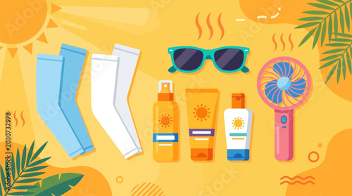 Summer vacation accessories and beauty products.