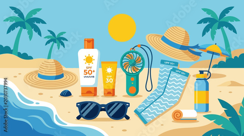 Summer beach vacation accessories laid out.