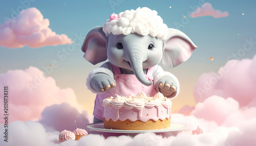 Adorable Baby Elephant in Chef's Apron Decorating a Cloud Cake with Pink Frosting in a Dreamy Sky Setting