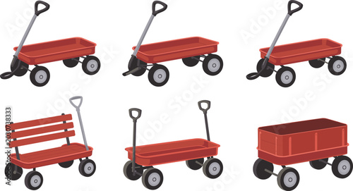 Cartoon red wagon icons with variations including bench seat, tall handle, and cargo sides representing toy vector illustration