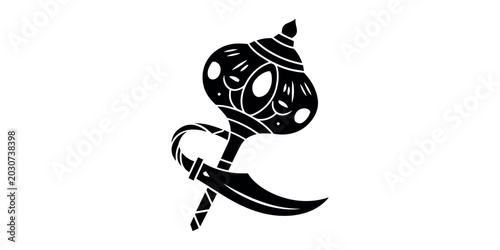 Photos Black and white of a decorated scimitar with a heart shaped hilt sword curved bl