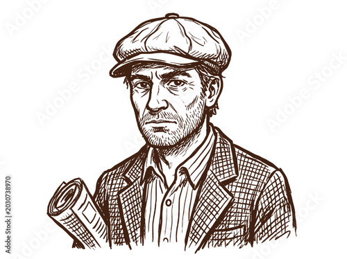 Tableau sur toile Vintage newsboy portrait vector, retro 1920s man in flat cap and tweed jacket, c