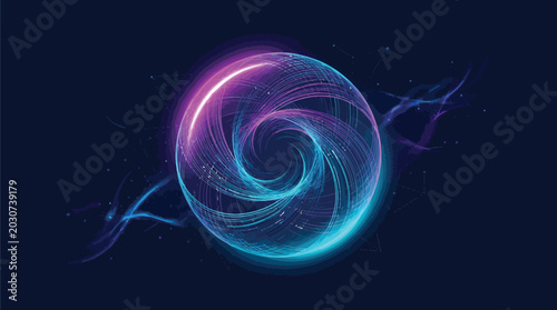 Sphere glowing with swirling blue and purple energy lines floats against a deep dark backdrop.