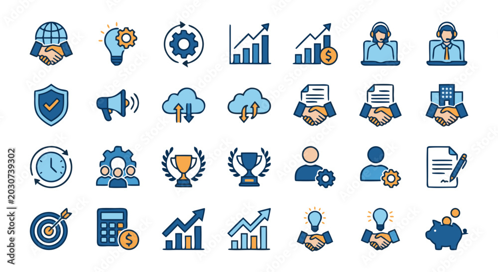 Fototapeta premium Flat Design Business and Finance Icon Set with Workplace and Achievement Concepts