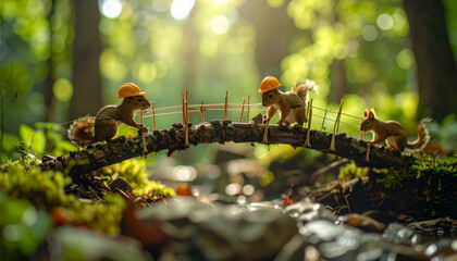 Adorably dressed squirrels in tiny orange helmets diligently build a miniature bridge across a forest stream