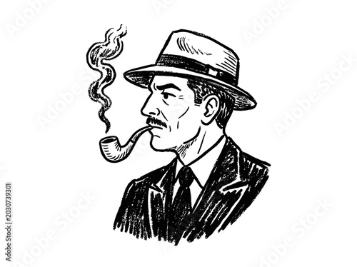 Tableau sur toile Vintage detective man smoking pipe vector illustration, retro noir gentleman in