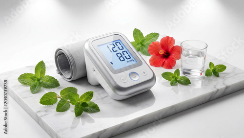 Blood Pressure Monitor on Marble With Mint Leaves and Hibiscus Flower