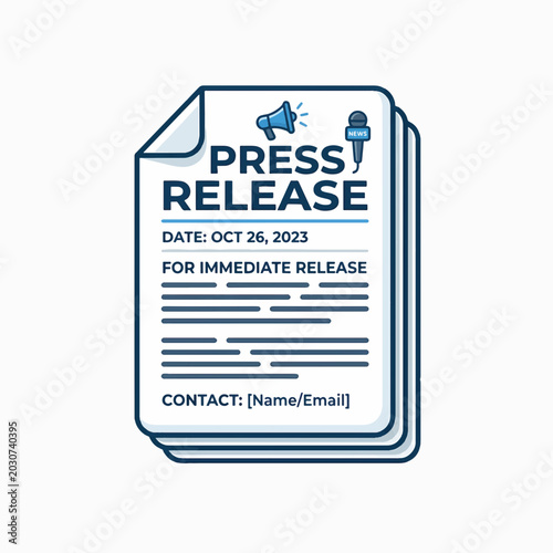 A press release document, complete with a date, contact information, and icons representing news and broadcasting, ready for distribution.