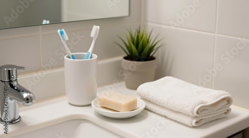 Two toothbrushes in a cup, a bar of soap, and a folded towel on a white bathroom vanity. Use: hygiene blog, health ad.